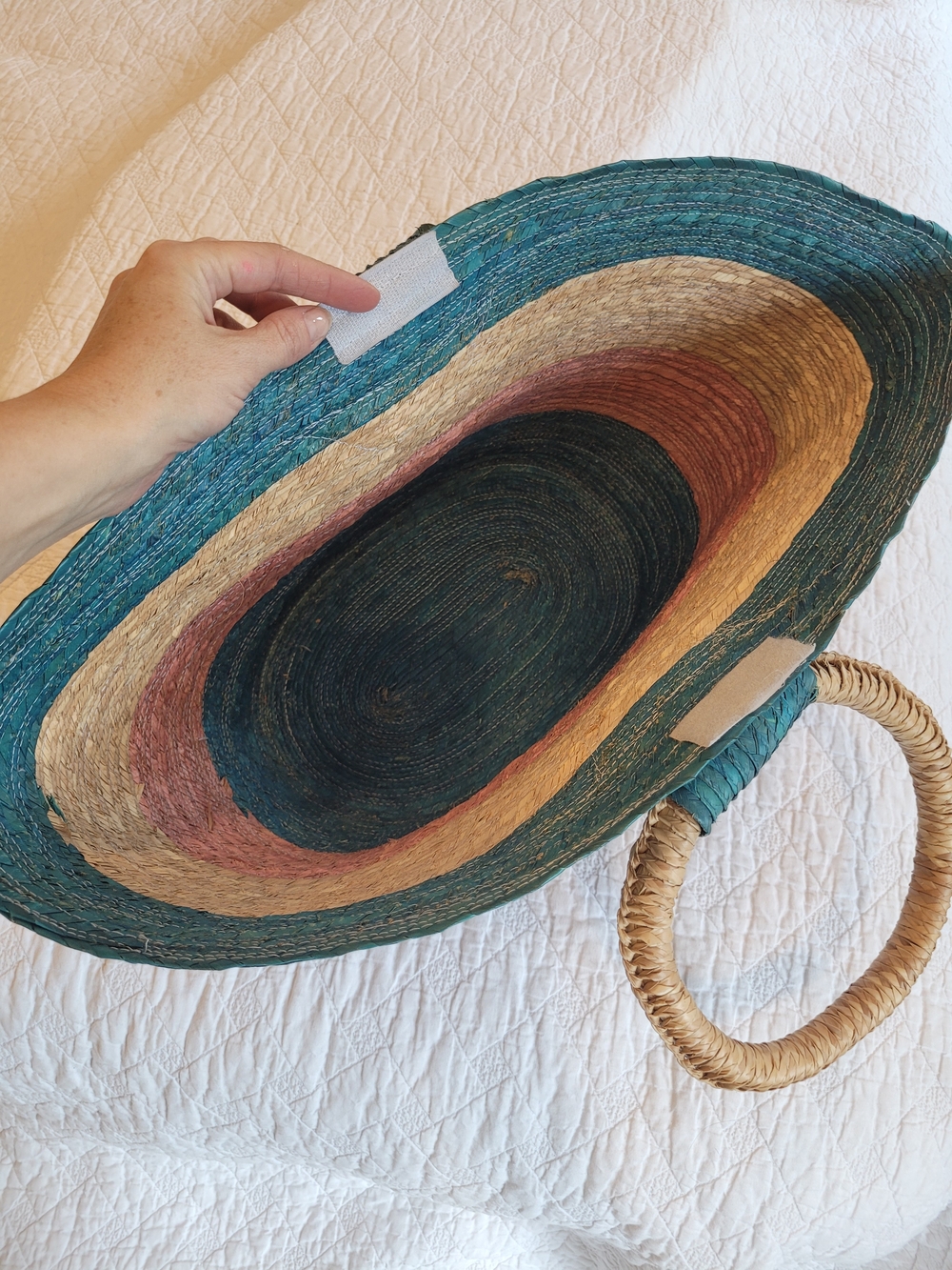 Woven Straw Circle-Handle Beach Tote in Teal, Pink & Natural, Velcro Closure - Picture 3 of 9